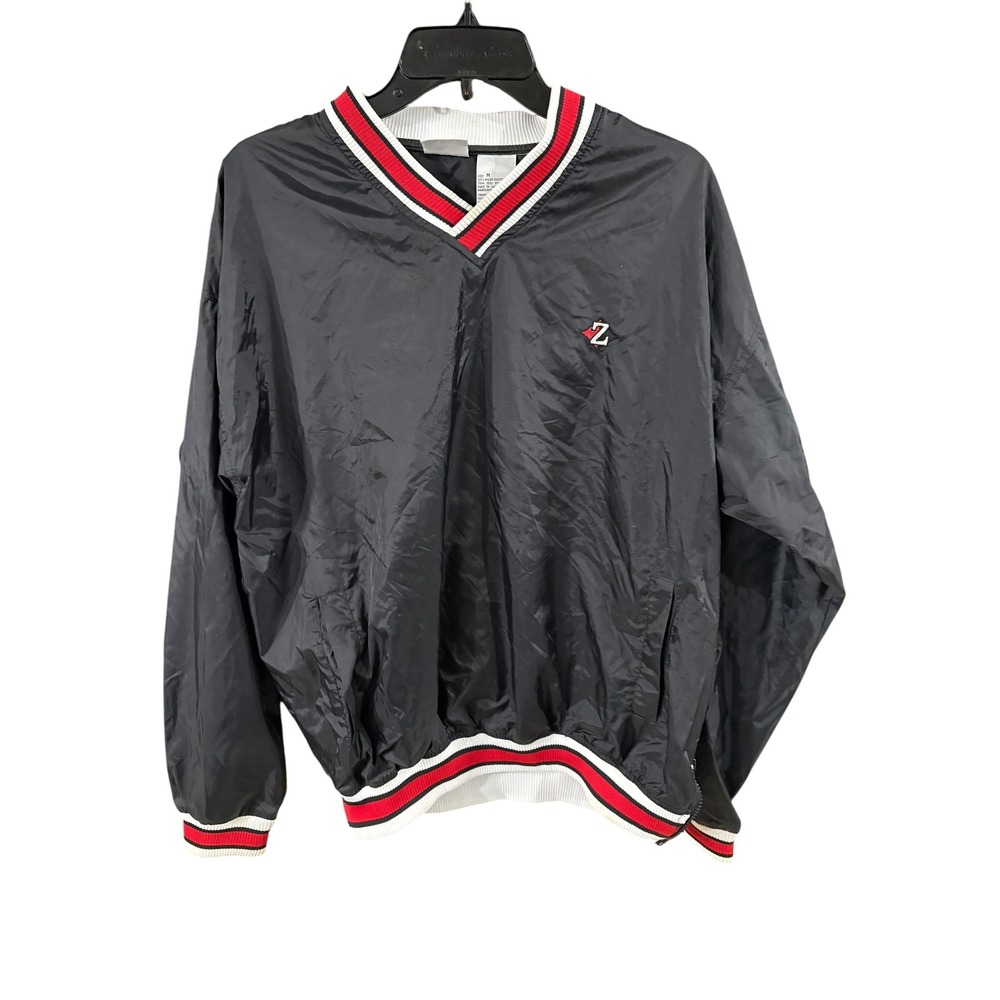 Vintage Jerzees Mens Windbreaker Pullover Black Red White V-Neck Jacket Medium